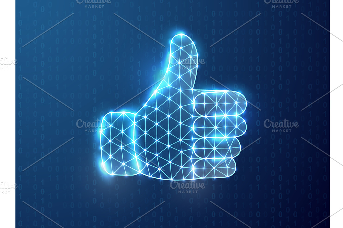 Glowing digital thumbs up gesture, a Technology Illustration by GraphiShop