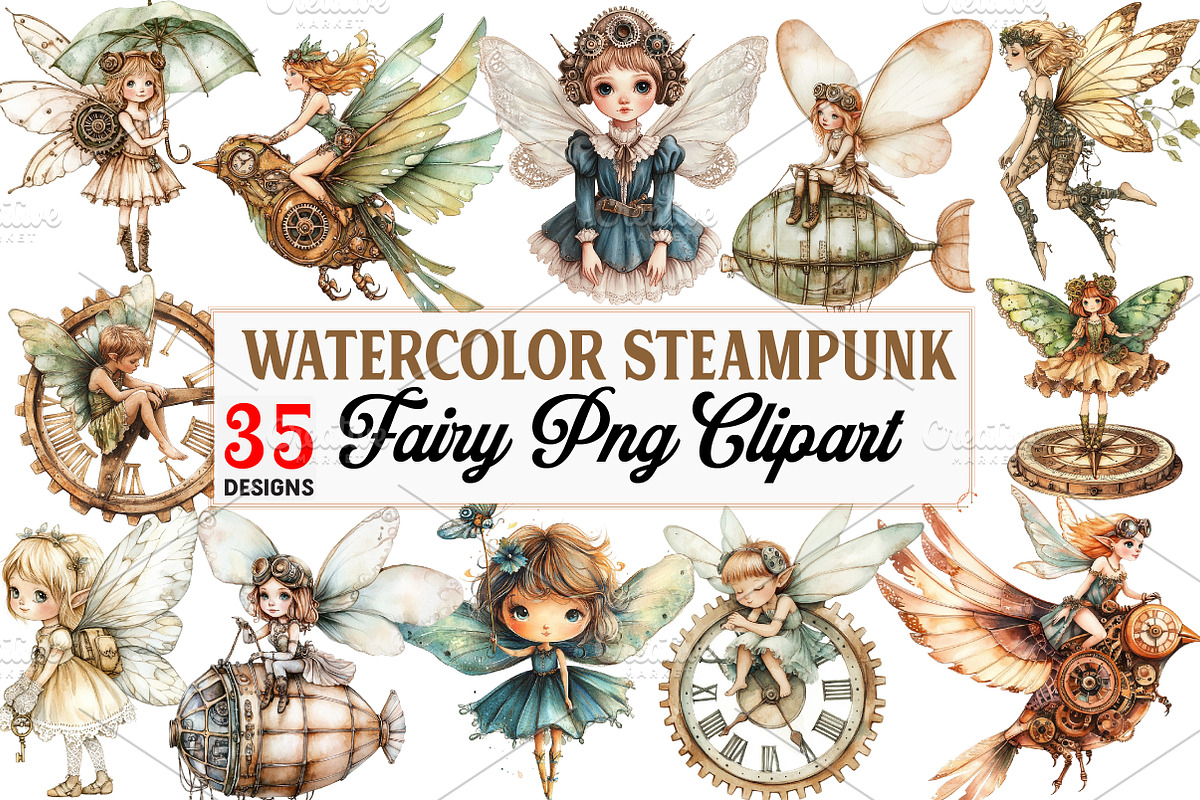 Steampunk Fairy Clipart PNG, an Illustration by Watercolor design (Photo 1 of 5)