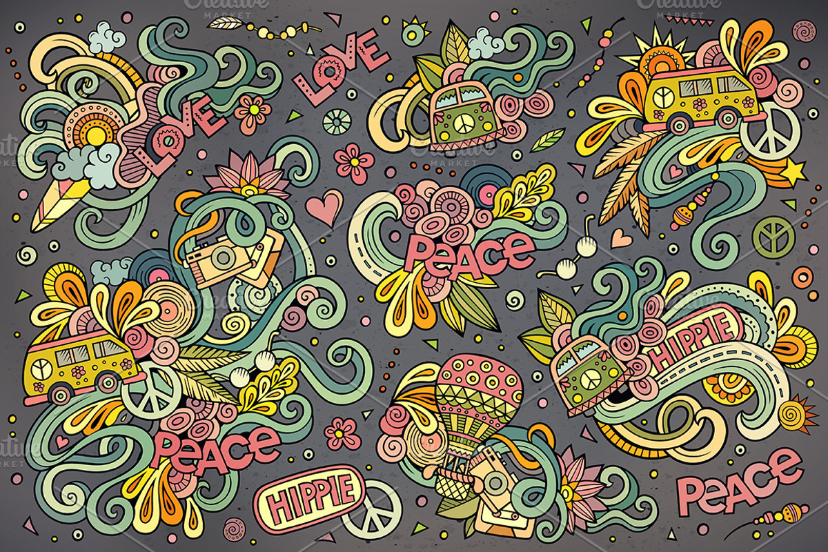 Hippie Doodles Designs Set, an Object Illustration by BALABOLKA (Photo 3 of 4)