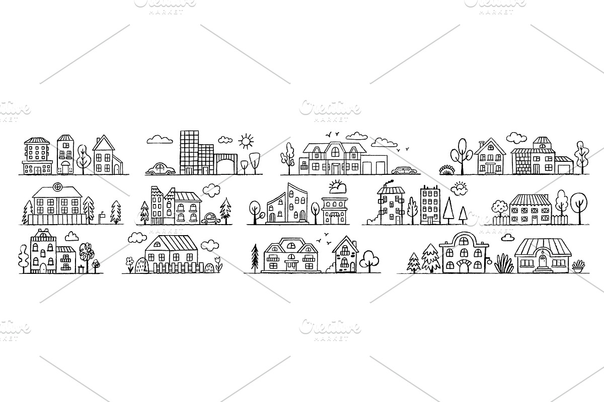Tiny city houses. Sketch pencil, an Object Illustration by Valerie Bodnar
