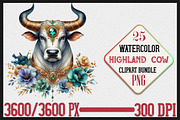 Watercolor Highland Cow PNG Clipart, a Seasonal Illustration by Craft Nest (Thumbnail 1 of 6)