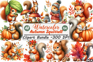 Watercolor Autumn Squirrel Clipart, an Illustration by DreamCafeArt