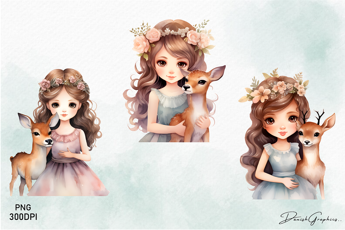 Princess & Deer Watercolor Clipart, an Animal Illustration by danishgraphics (Photo 4 of 5)