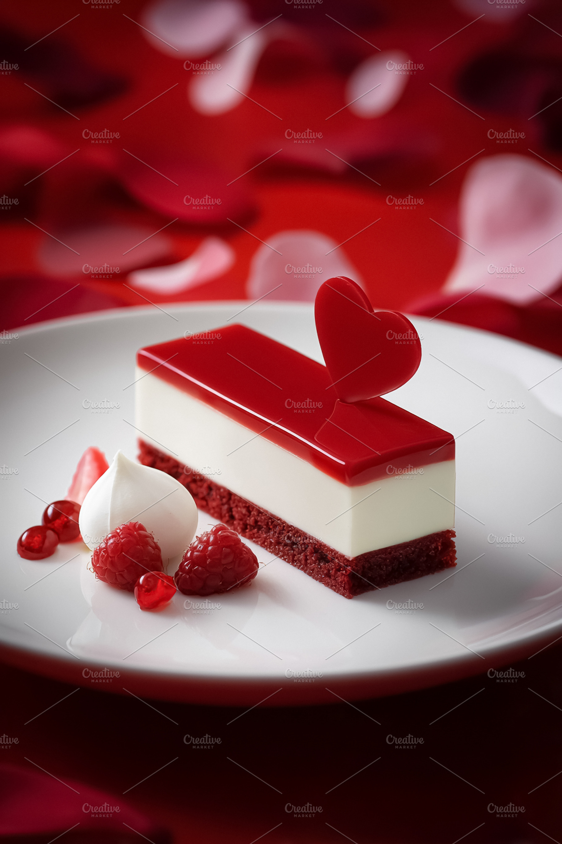 Delicate mousse cake slice with red glaze and heart topping, cel, a Photo by Studio ANNA