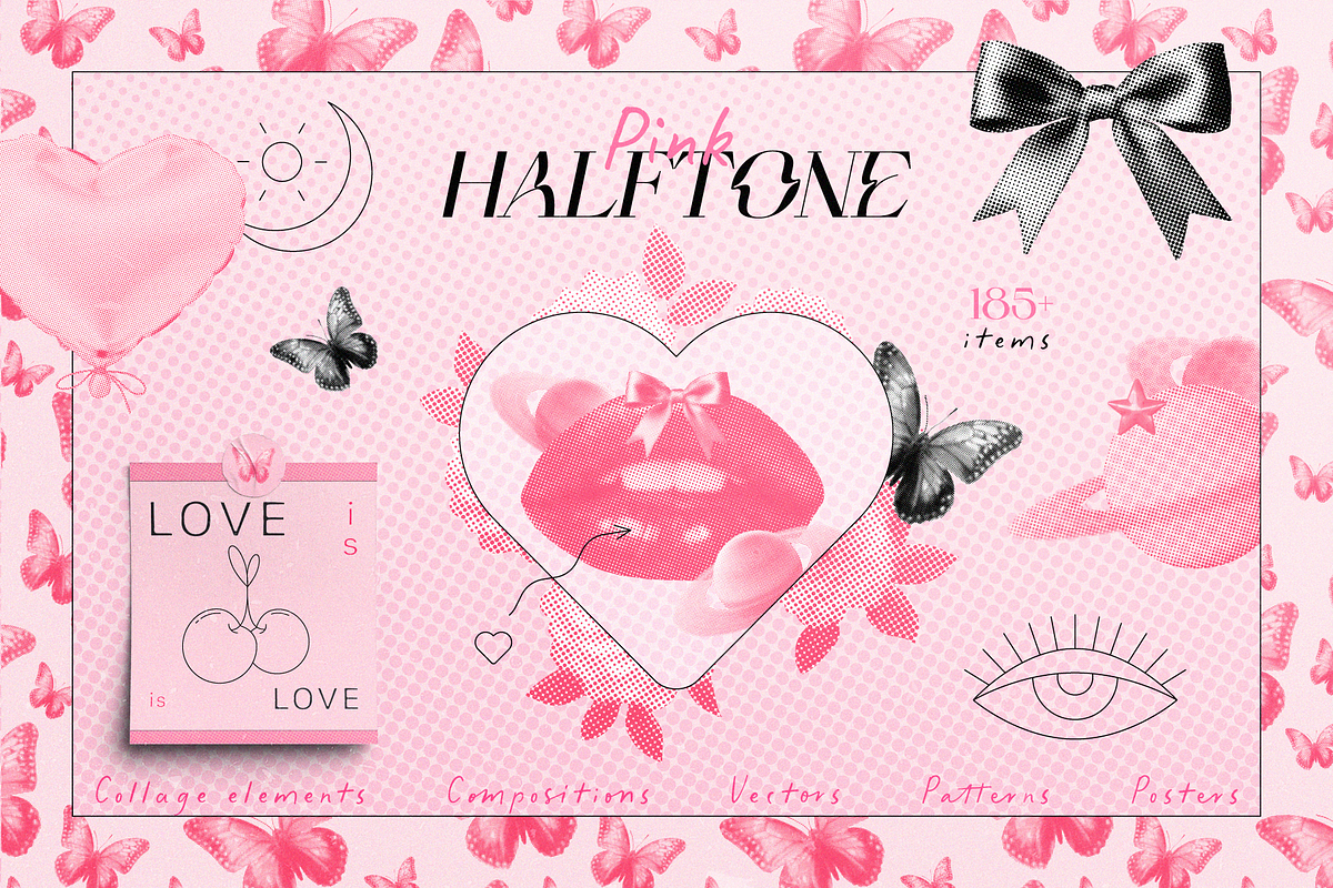 Pink Halftone Collage Elements, an Object Graphic by Animoon (Photo 1 of 19)