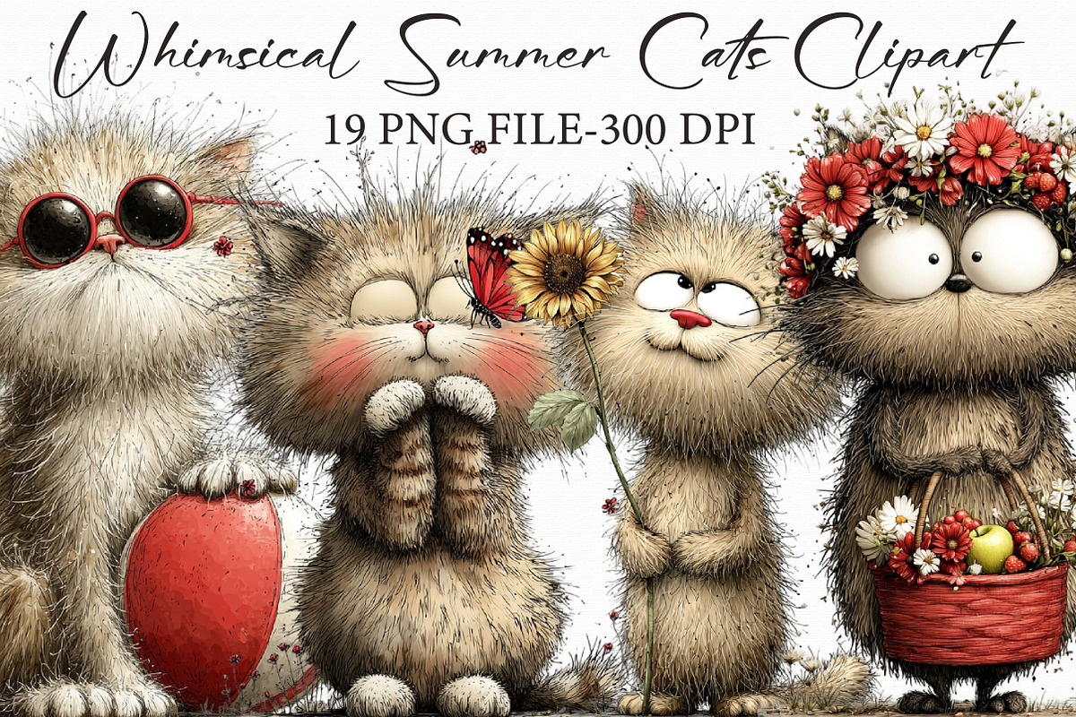 Whimsical Summer Cats Clipart, an Illustration by Libby Wishes (Photo 1 of 7)