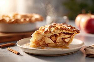 Delicious apple pie with a golden crust served warm on a neutral plate, a Food & Drink Photo by AlyaAnd