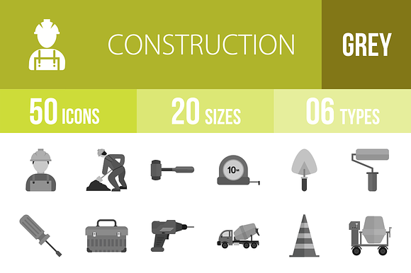 50 Construction Greyscale Icons