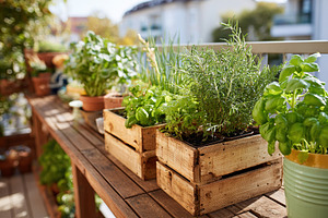 Urban balcony garden featuring vibrant herbs in wooden planters for fresh cooki, a Nature Photo by AlyaAnd