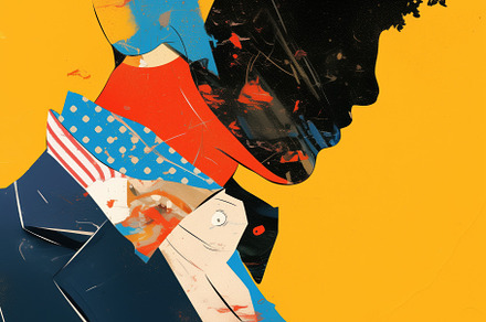 An abstract illustration of a person in profile, featuring bold colors and geom, a Wallpaper Graphic by Textures & Backgrounds