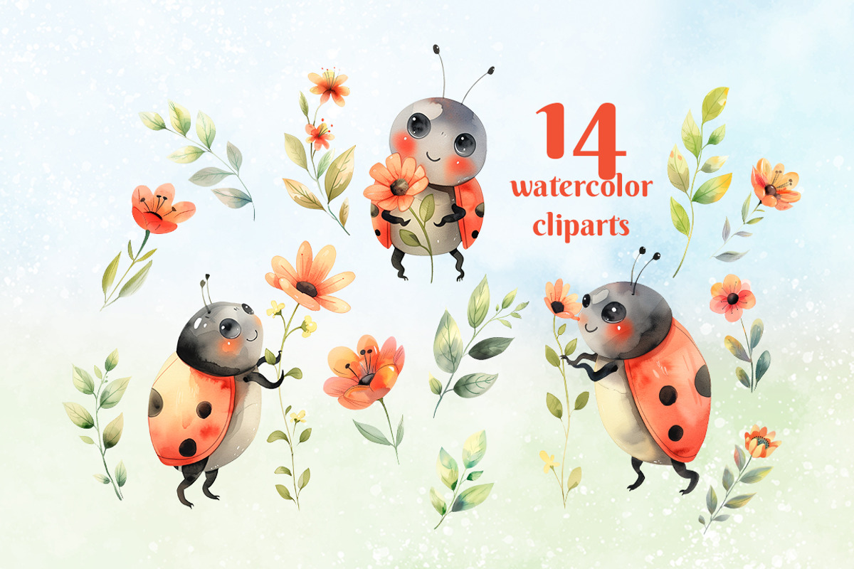 Watercolor Ladybugs with flowers set, an Animal Illustration by AlineArtStore (Photo 3 of 8)