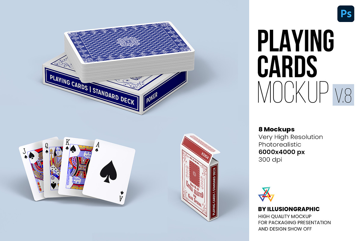 Playing Cards Mockup v.8 - 8 views, an Advertising Mockup by Illusiongraphic (Photo 1 of 22)