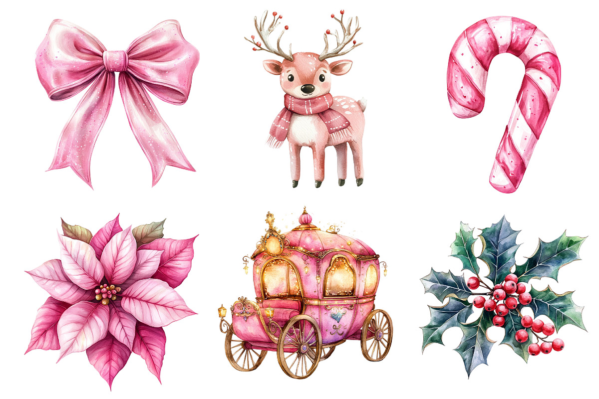 Pink Christmas Watercolor Clipart, an Illustration by Dream Creation (Photo 3 of 7)