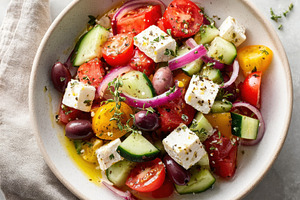 Fresh Mediterranean salad with feta and olives, a Food & Drink Photo by AlyaAnd