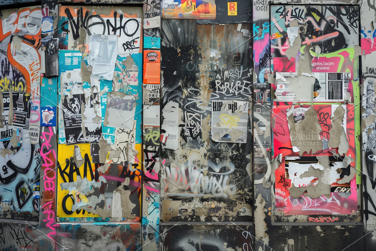 A vibrant urban scene featuring a weathered wall covered in colorful graffiti a, a Background Graphic by Textures & Backgrounds