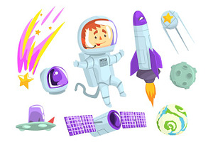 Astronauts In Space, Set For Label Design. Cosmos Exploration Colorful Cartoon Detailed Illustrations