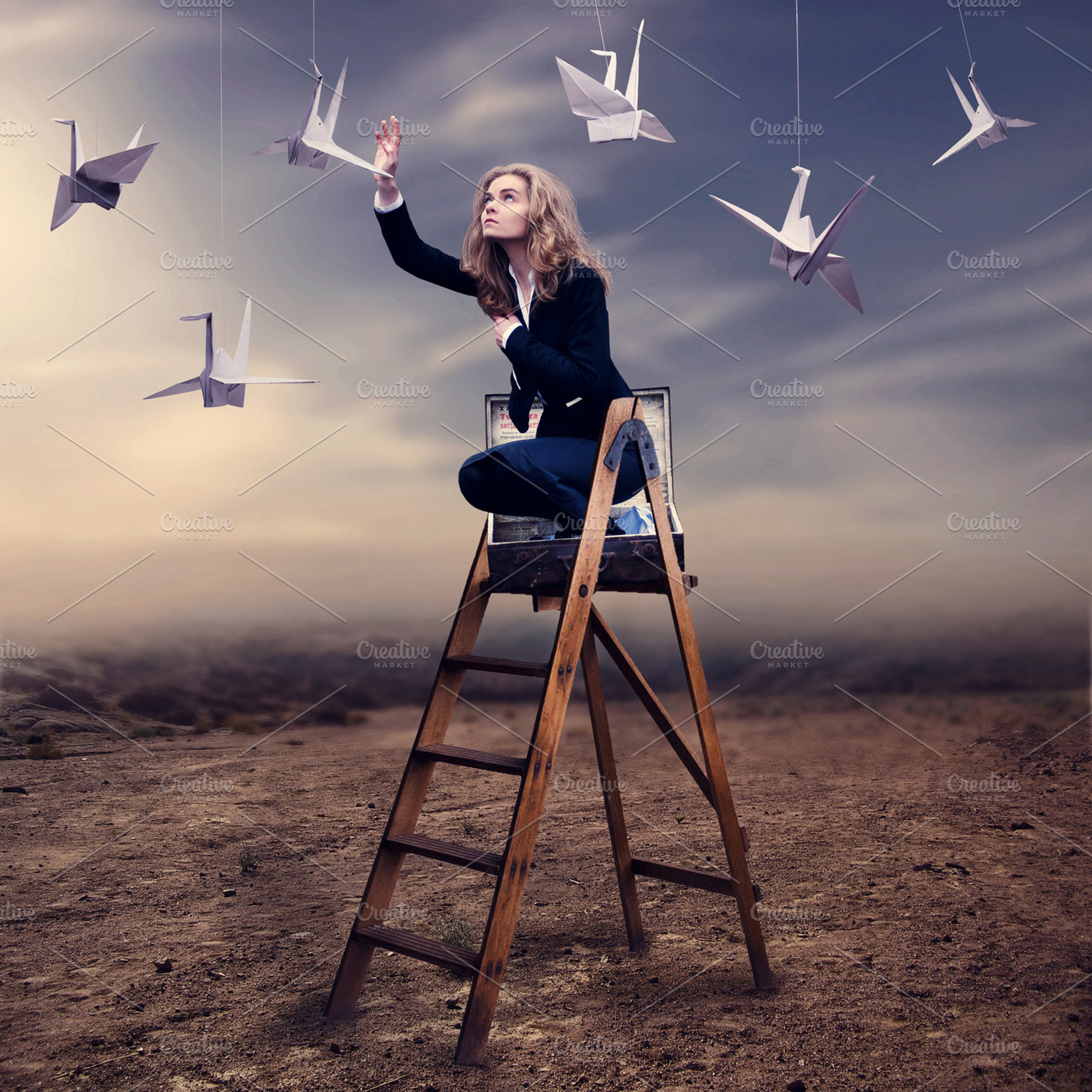 Woman on ladder with paper kites