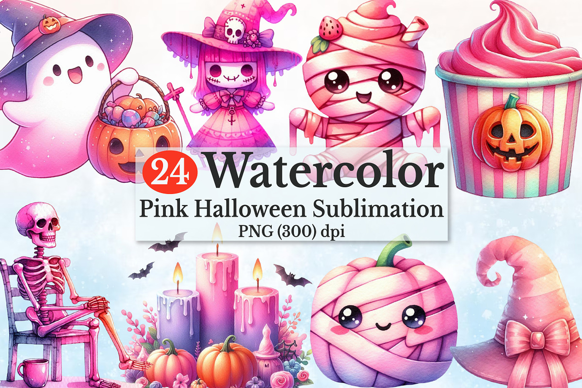 Watercolor Pink Halloween Clipart, a Seasonal Illustration by Rose Art (Photo 1 of 6)