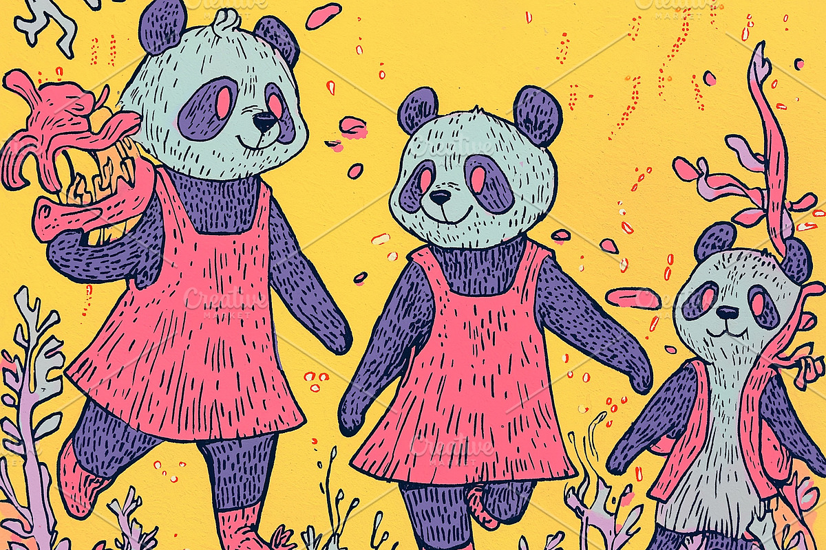 3 panda children in human clothes, an Animal Illustration by Sybillla