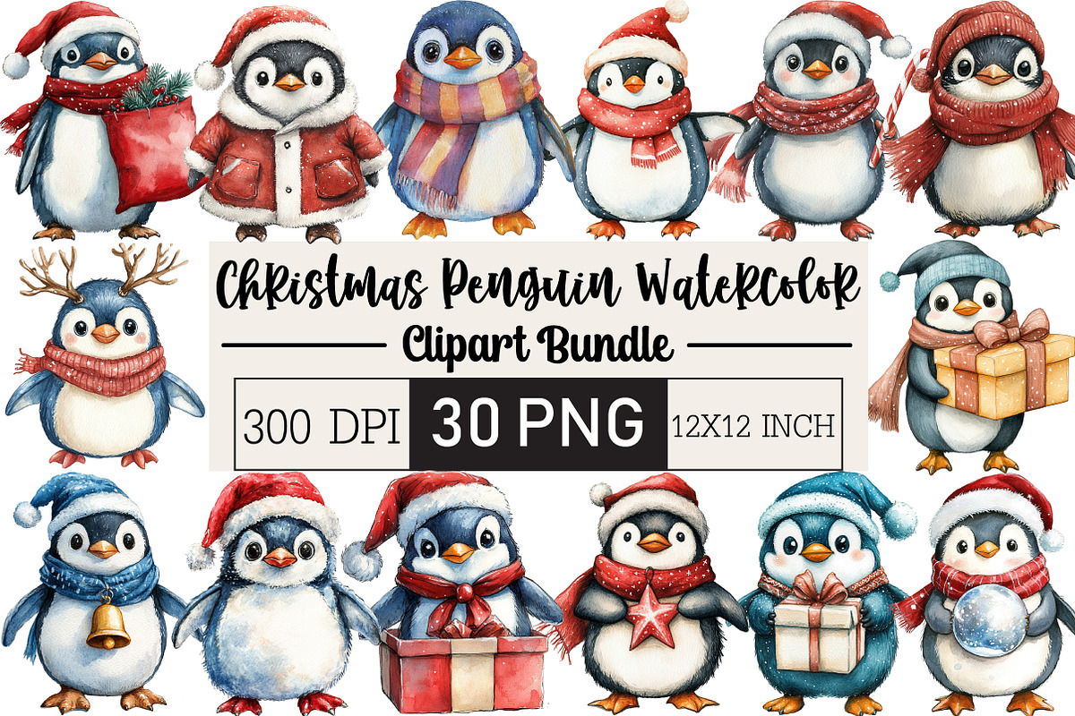 Christmas Penguin Watercolor Clipart, an Illustration by Black Bird Studio (Photo 1 of 6)