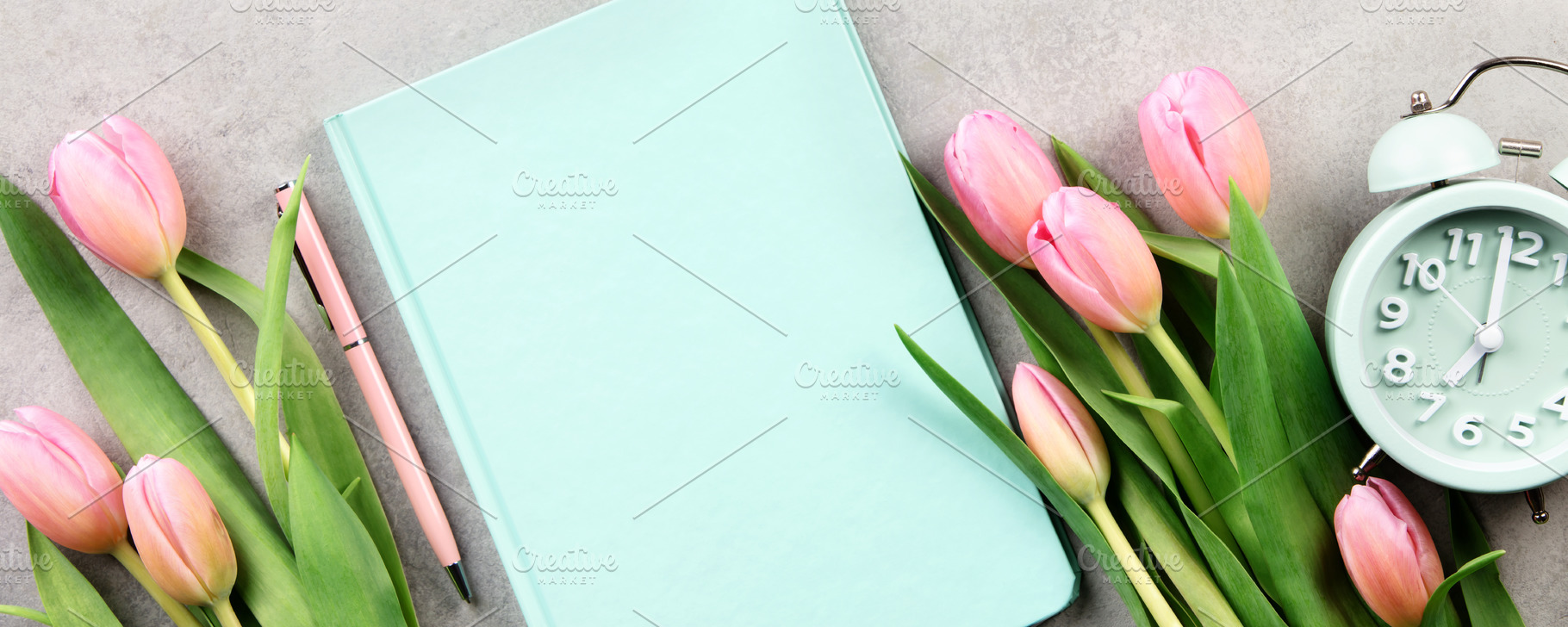Spring Workspace Flat Lay with Tulips Notebook Glasses and Clock, a Food & Drink Photo by Natalia Klenova's Shop