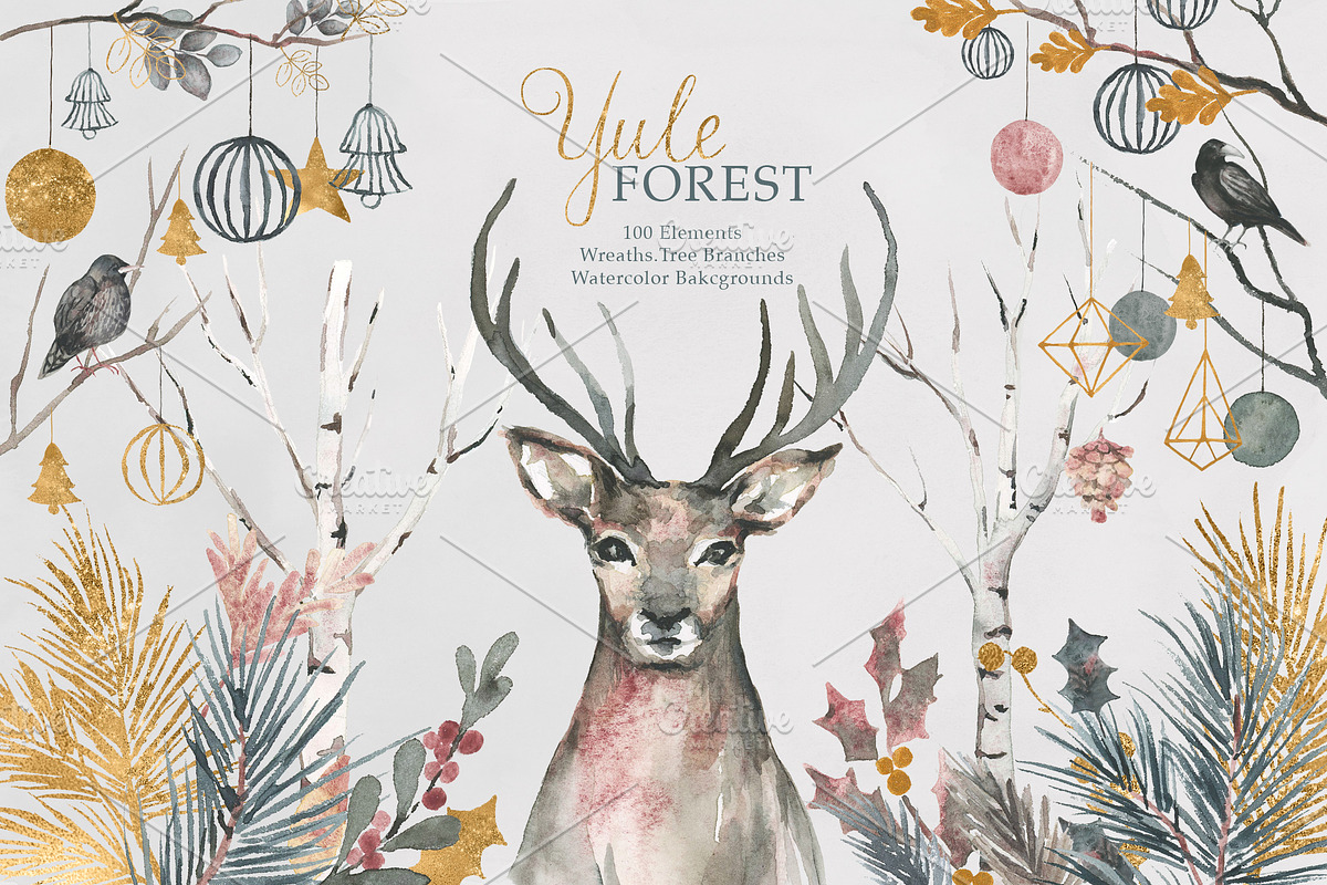Scandinavian Winter Watercolor Set, an Animal Illustration by RhianAwni (Photo 1 of 13)