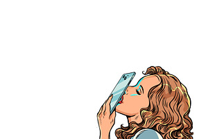 Woman kissing phone screen. Finding, a Technology Illustration by rogistok