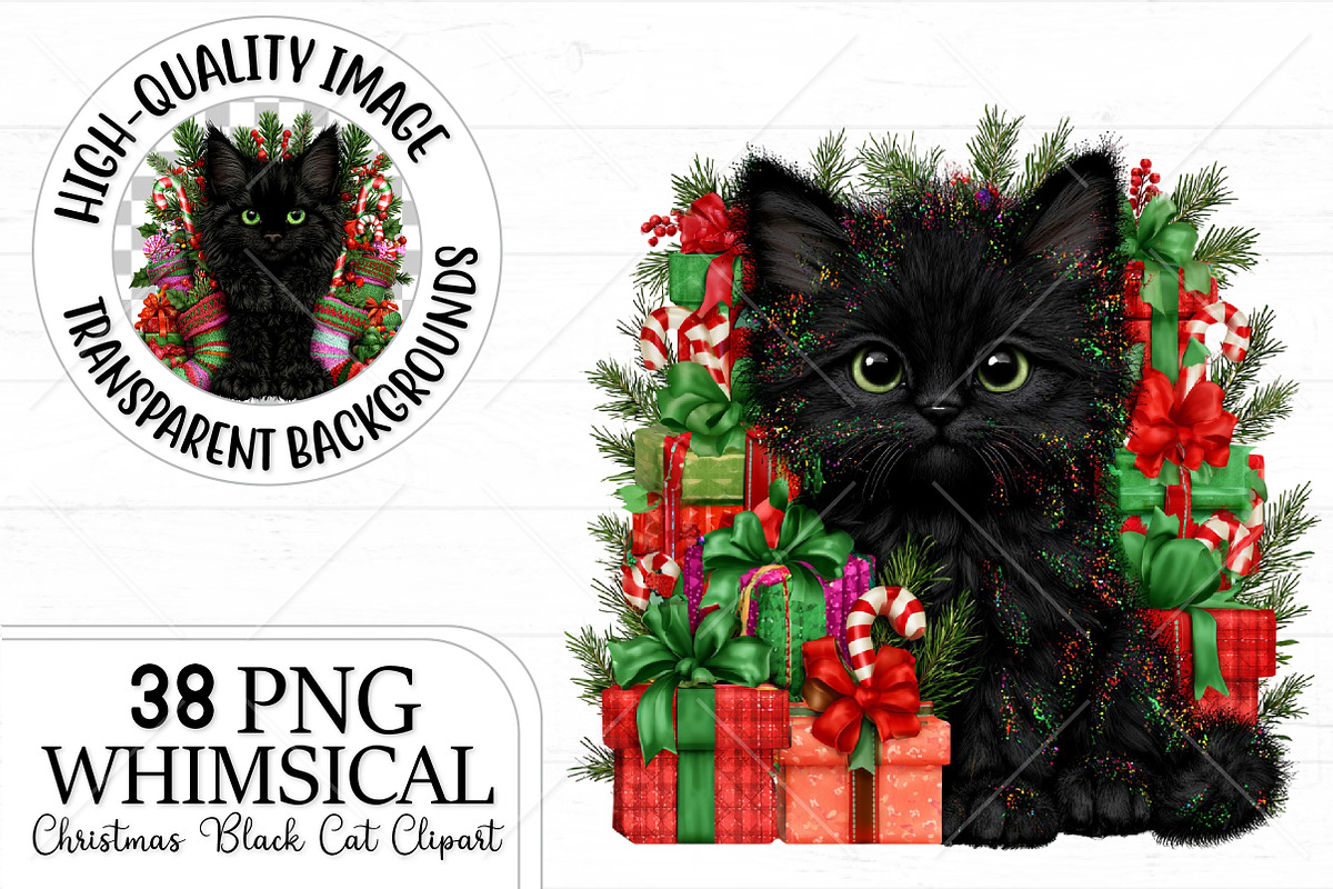 Whimsical Christmas Black Cat PNG, a Seasonal Illustration by Canvas Craft (Photo 1 of 10)