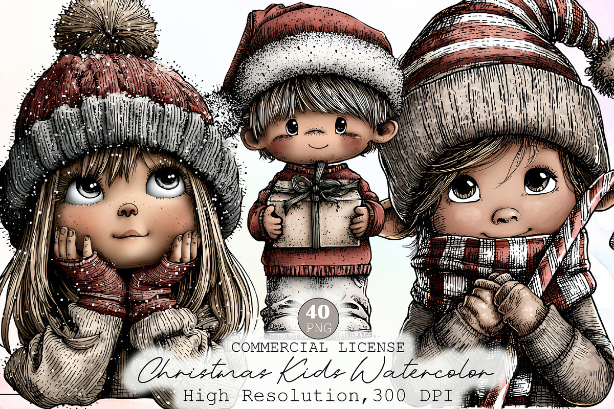 Christmas Kids Watercolor Clipart, an Illustration by Sublimation Artist (Photo 1 of 6)