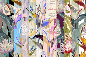 Tropical Flowers Vector Seamless Set