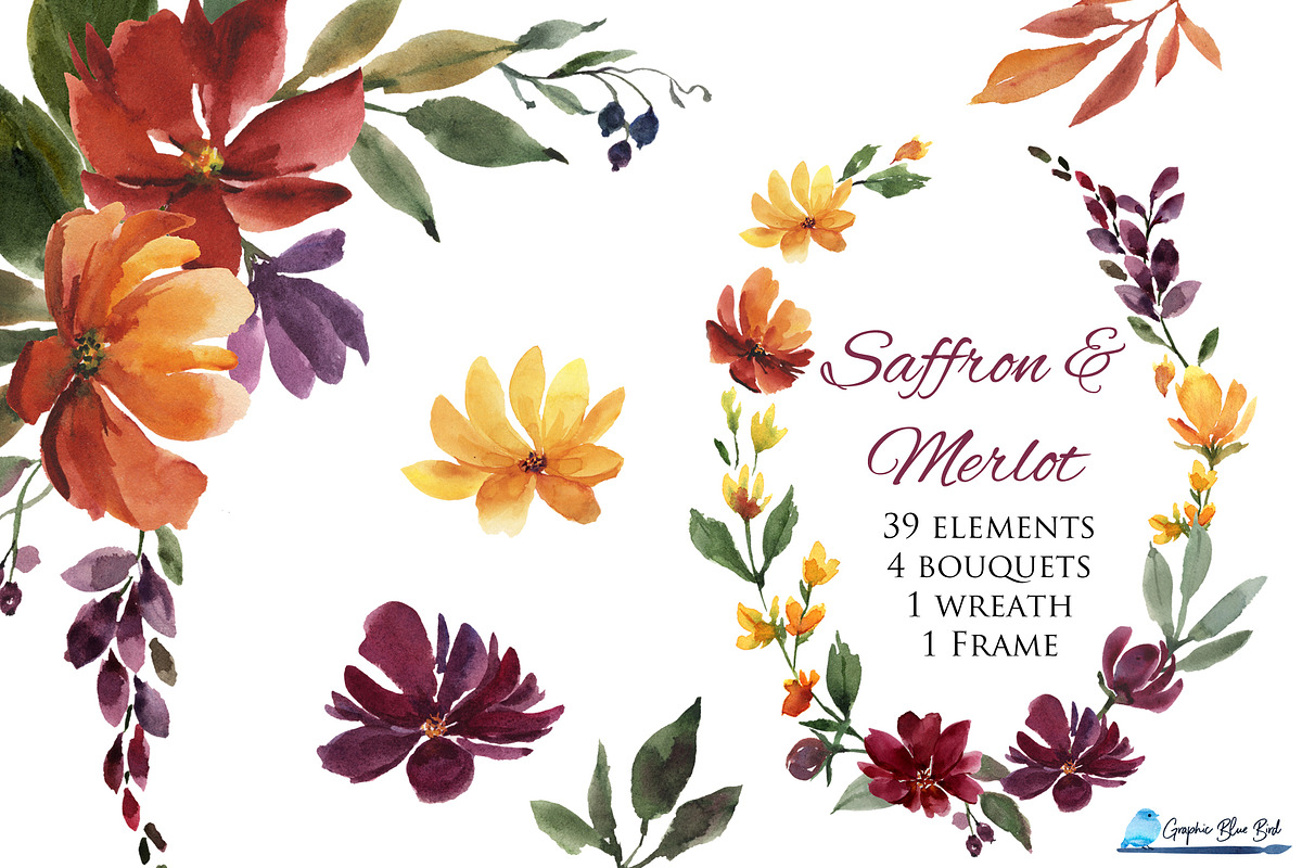 Watercolor Flowers, Burgundy & Gold, an Illustration by Graphic Blue Bird (Photo 1 of 6)