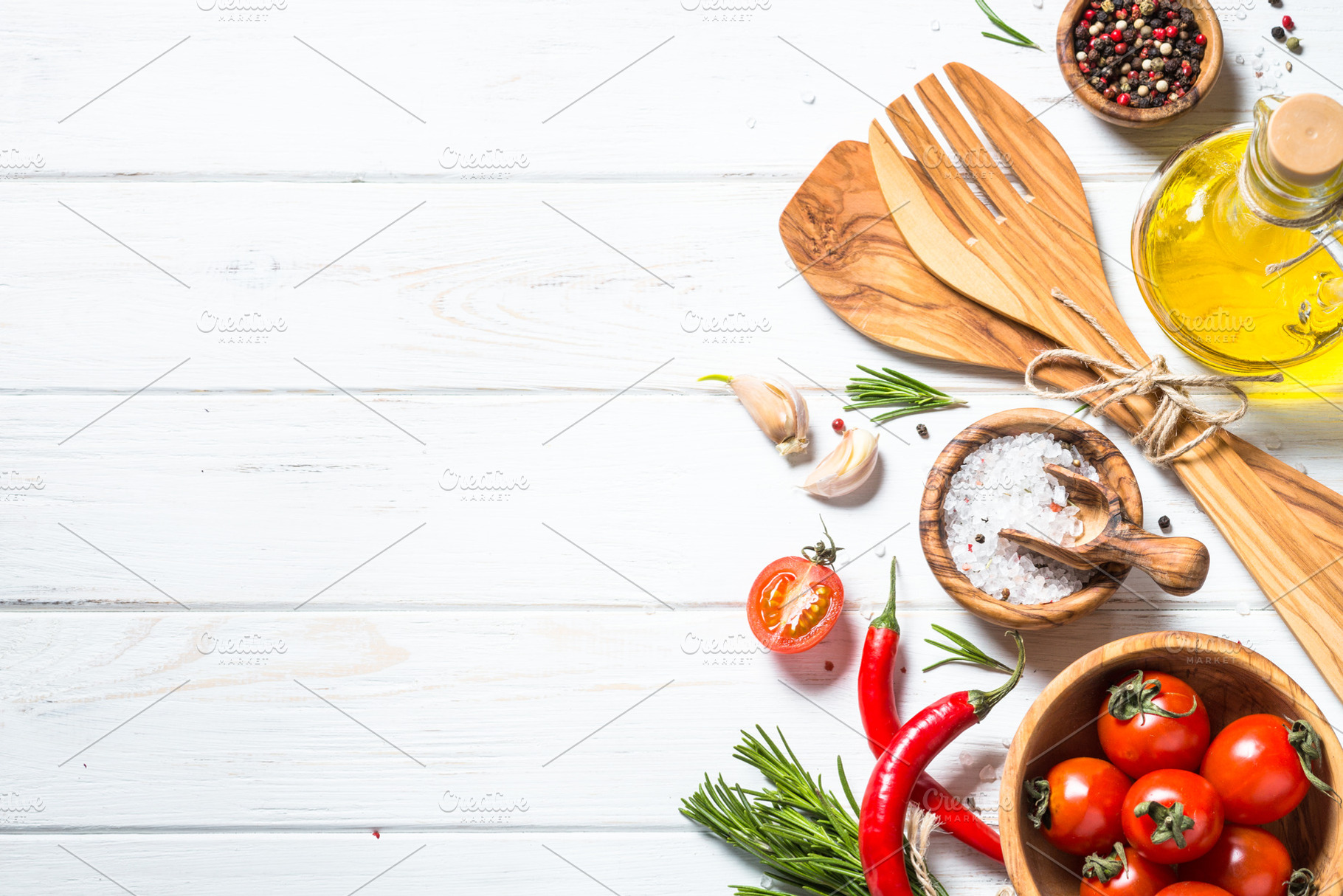 Food background on white wooden table containing food, cooking, and ...