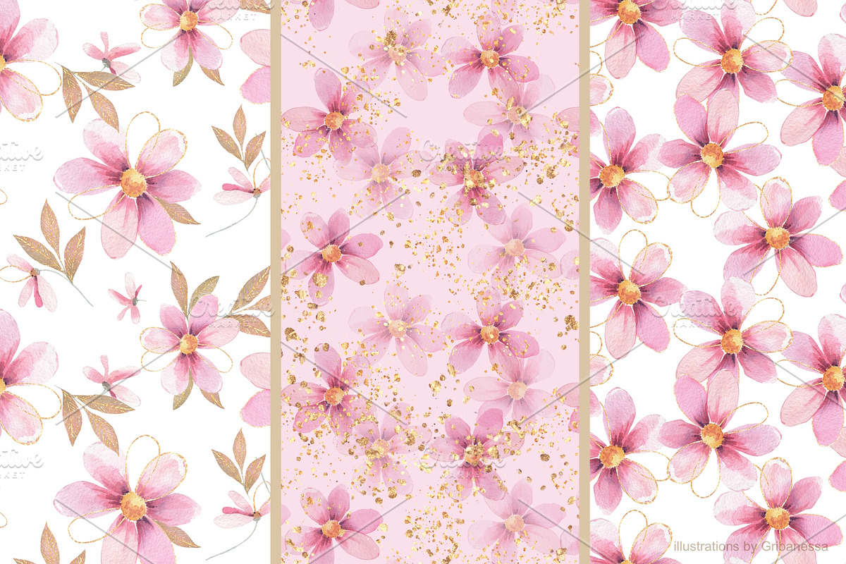 Pink Watercolor Flowers & Gold, a Decorative Illustration by Gribanessa (Photo 6 of 13)