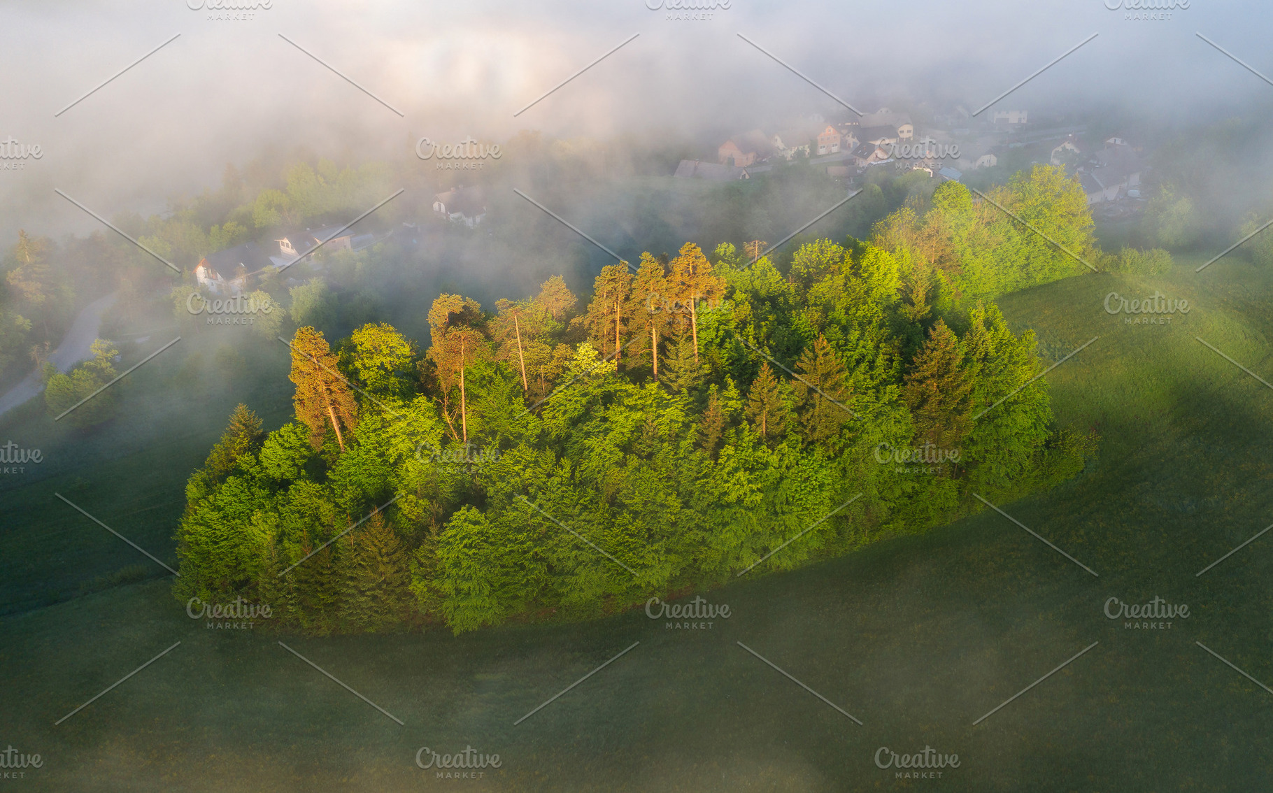 Farmland and countryside in the morning fog, a Nature Photo by Dreamy Pixel