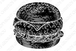 Burger Hamburger Vintage Woodcut, an Object Illustration by Christos Georghiou