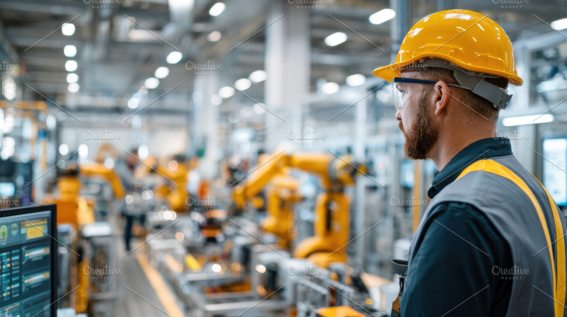 Factory worker observing automated machinery, an Industrial Photo by AlyaAnd