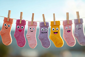 Colorful socks with googly eyes hang playfully from a clothesline in bright sun, a Beauty & Fashion Photo by AlyaAnd