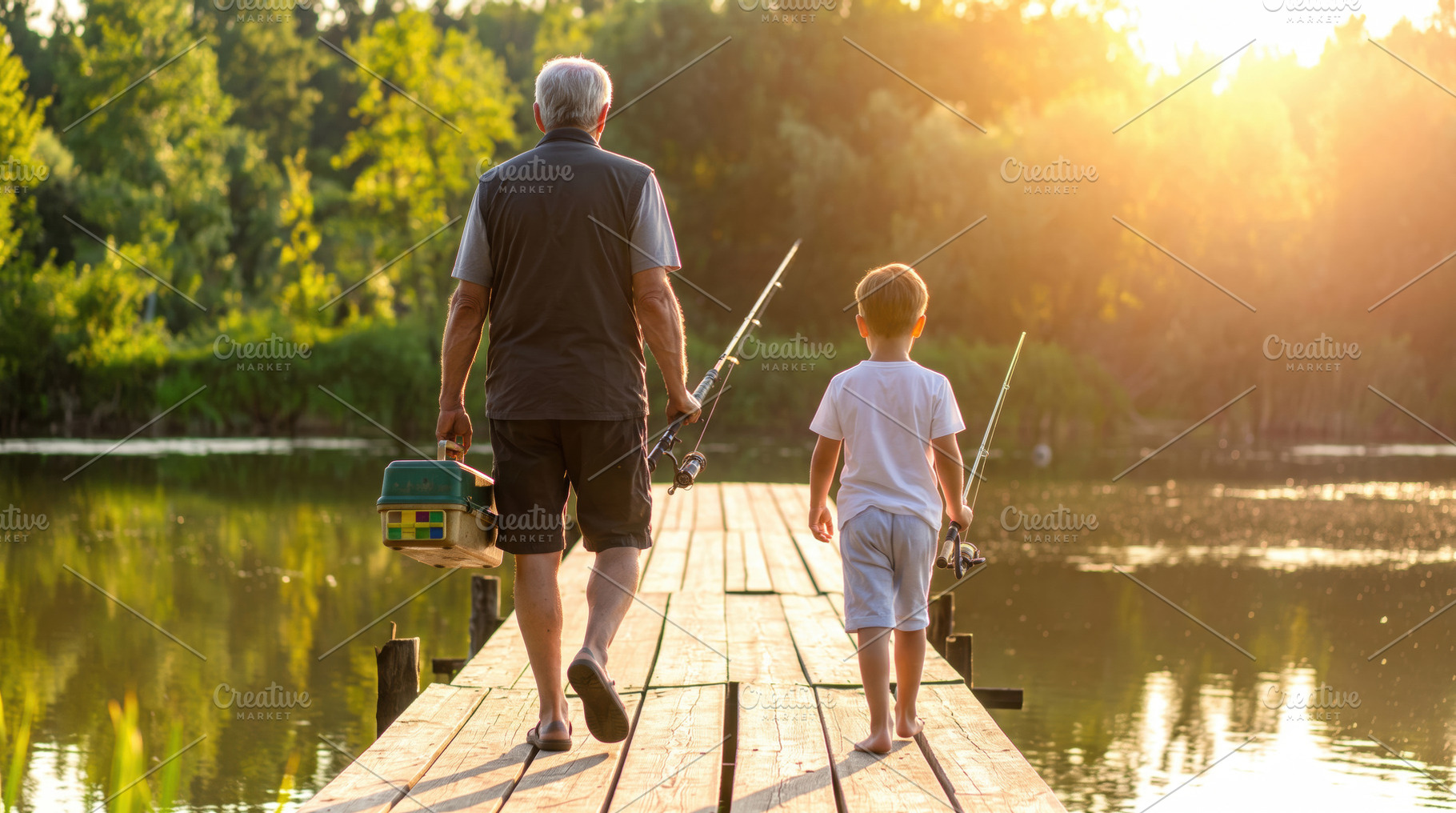 Grandfather and Boy Walking to the Fishing Dock, a Sports & Recreation Photo by Davizro's Market