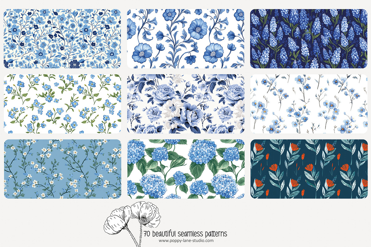 70 blue flower seamless pattern, a Pattern Graphic by Poppy Lane Studio (Photo 3 of 10)