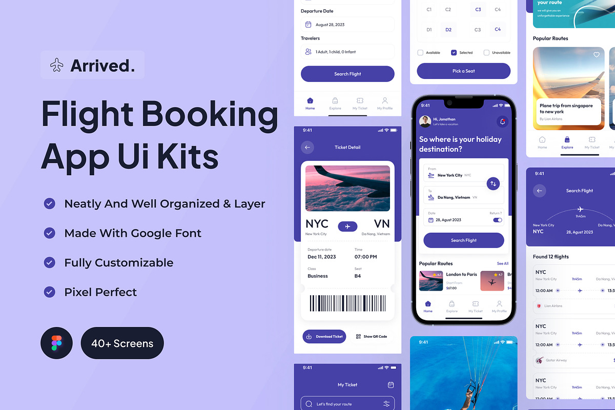 Arrived - Flight Booking App Ui Kits, an UI Kit Template by Minialis (Photo 1 of 6)