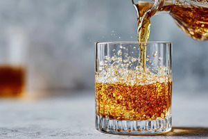 Amber liquid pours into a glass bubb, a Photo by Pixeness Studio