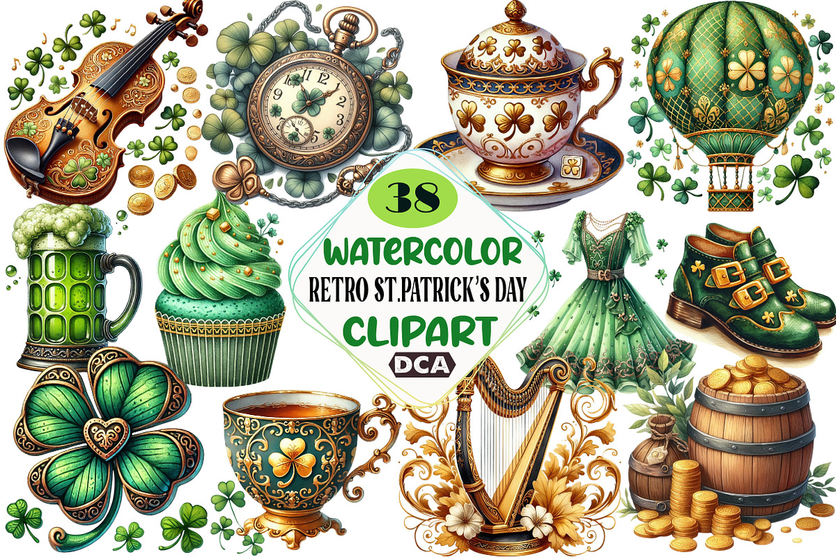 Retro St.Patrick’s Day Clipart Bundl, an Illustration by DreamCafeArt (Photo 1 of 3)