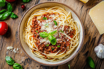 Spaghetti bolognese with ground beef in plate, a Food & Drink Photo by AlyaAnd