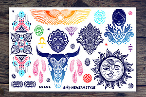 Set of Bohemian style flash tattoos