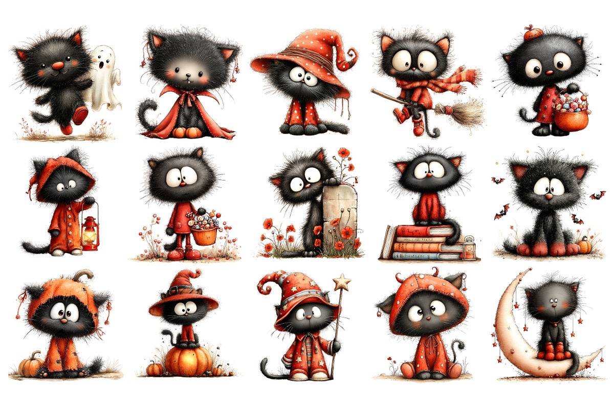 Halloween Cat PNG Clipart Bundle, a Seasonal Illustration by Nicolle's Colorful Art (Photo 2 of 5)