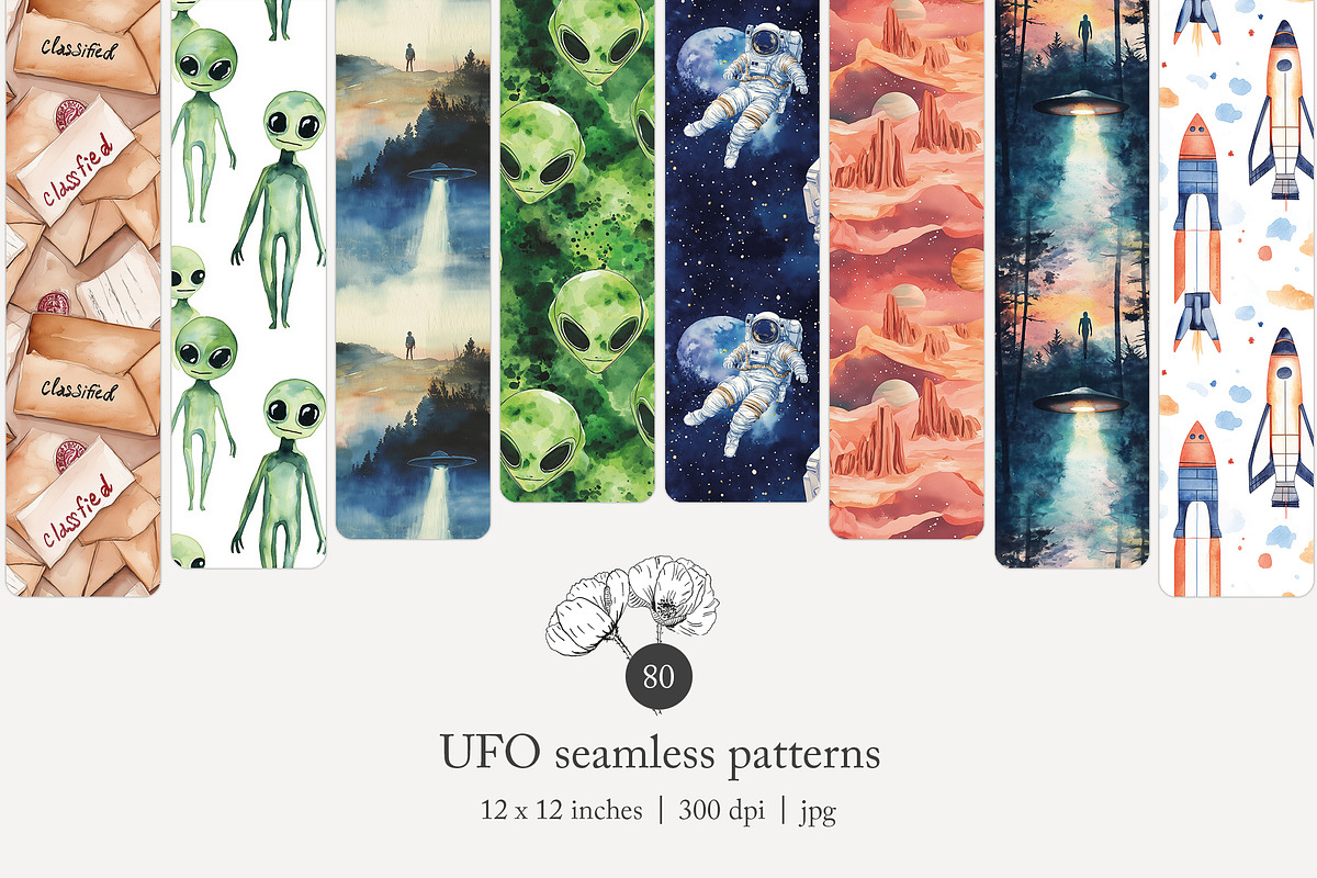 80 watercolour UFO seamless pattern, a Pattern Graphic by Poppy Lane Studio (Photo 1 of 11)