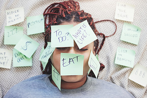 Sticky note, stress and woman with questions on face for frustrated lifestyle management thoughts. Thinking girl with schedule logistics anxiety in panic mental mindset with memo reminder., a Photo by Peopleimages.com