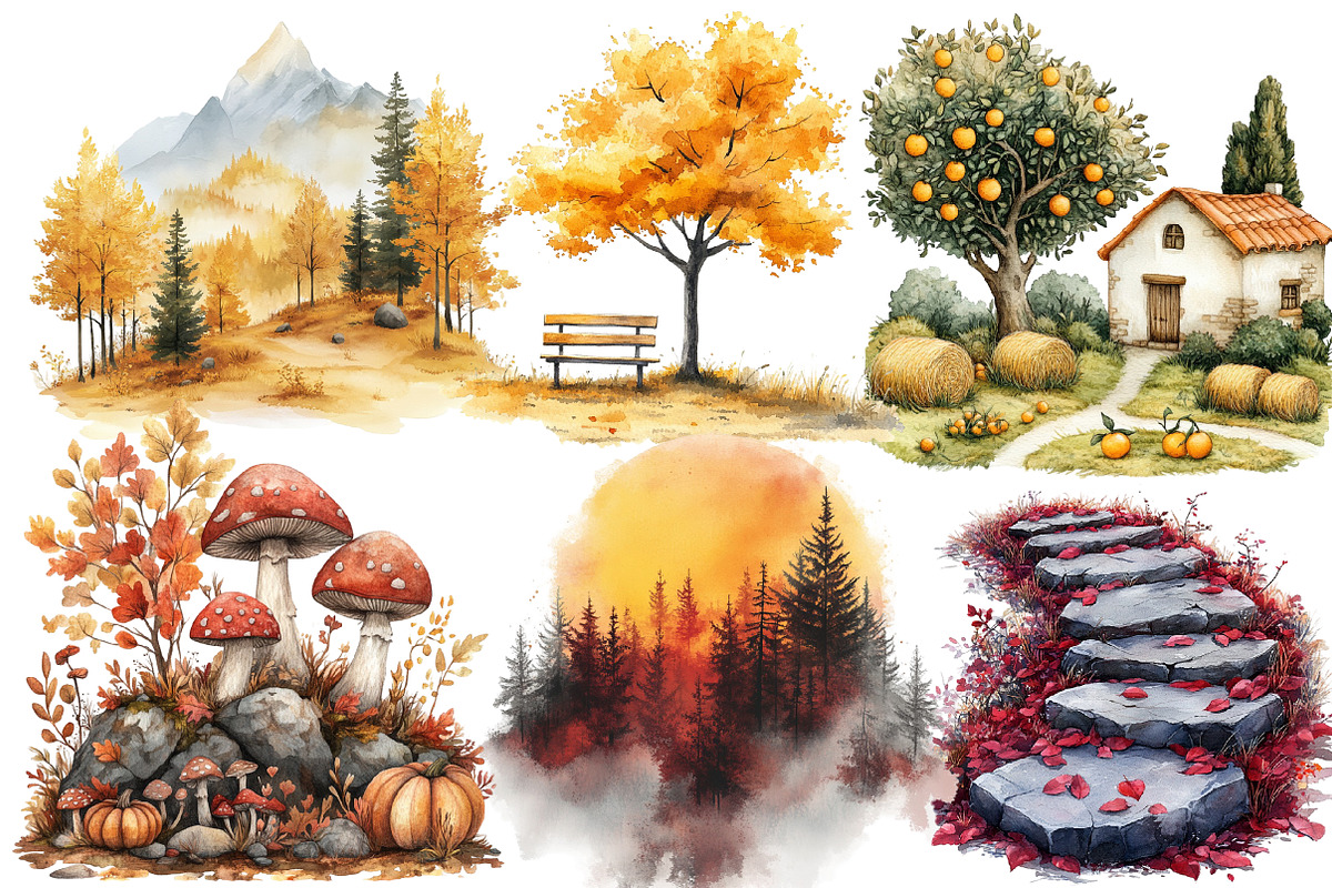 Watercolor Fall Scenery Clipart, a Seasonal Illustration by Designworld (Photo 4 of 6)