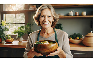 A smiling elderly woman holding a, a Food & Drink Photo by Igor Tichonow