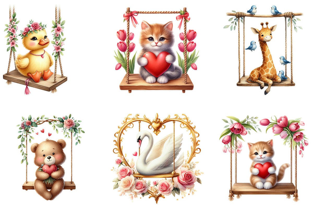 Valentines Animals on Swings Clipart, a Seasonal Illustration by DreamArtGraphic (Photo 4 of 5)